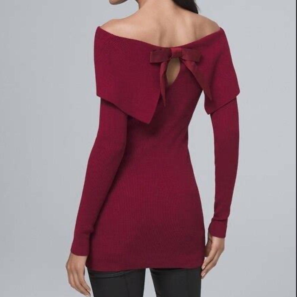 WHBM Off-Shoulder Sweater Navy Bow White House Black Market Bow